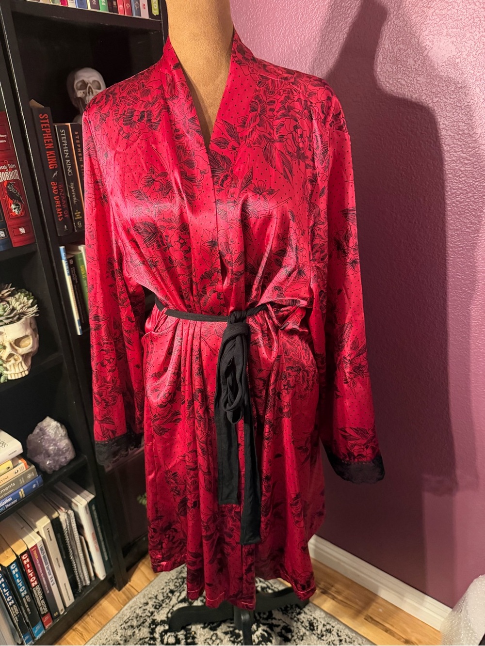 Silky Red Floral half Robe with Black lace Trim